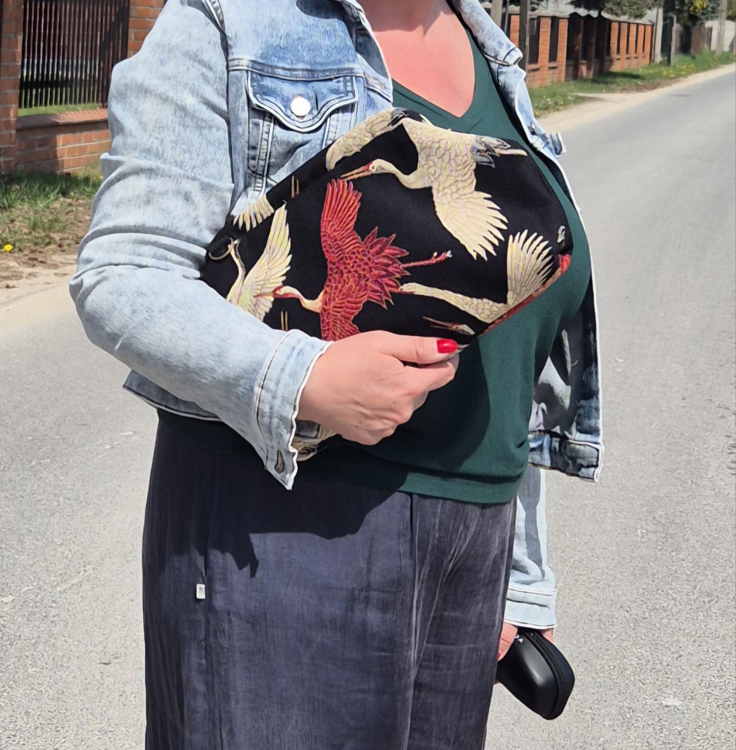 HORTENSJA -żakardowa torebka z biglem , motyw żurawi - obrazek 6